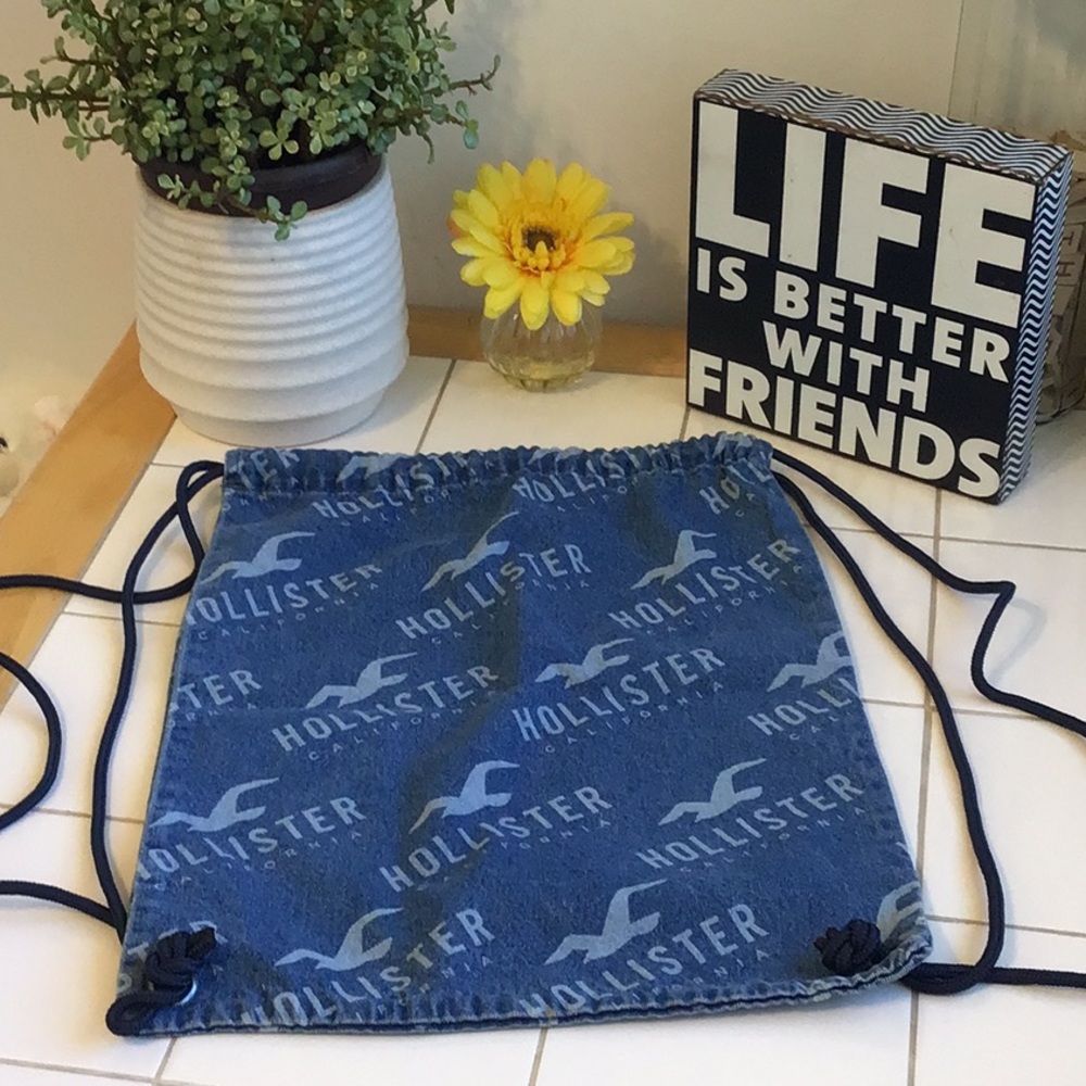 ‘Hollister’ Faded Blue Denim Drawstring Backpack
